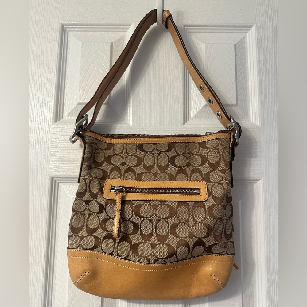 Coach Crossbody Bag H04K-9362, Khaki with Tan Leather, Very Good Condition